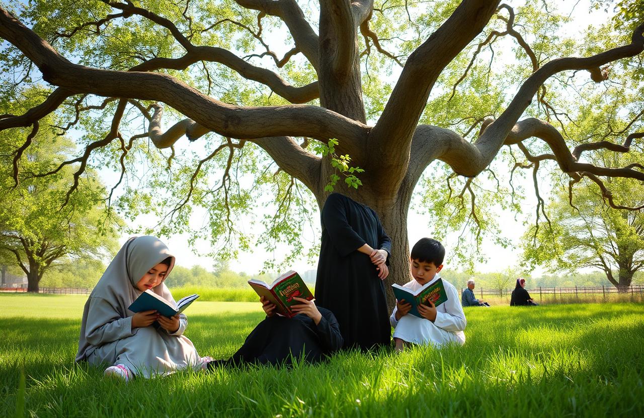 Students reading books outside under a large tree