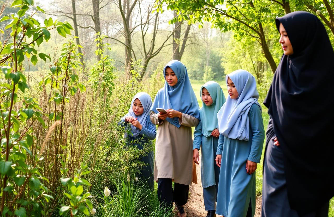 Students walking on a nature trail observing plants